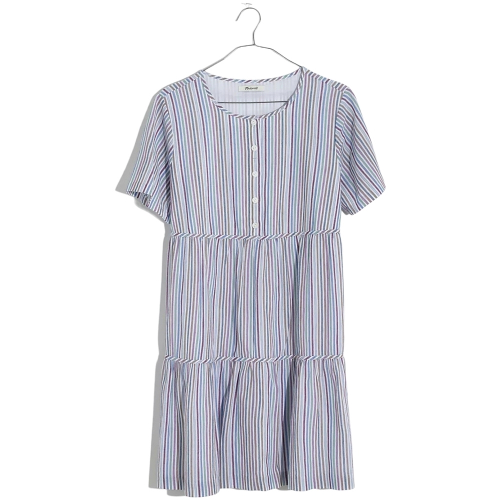 MADEWELL Striped Tiered Mini Dress XS Babydoll Swing Tunic Ruffle 100% Cotton - Picture 2 of 15